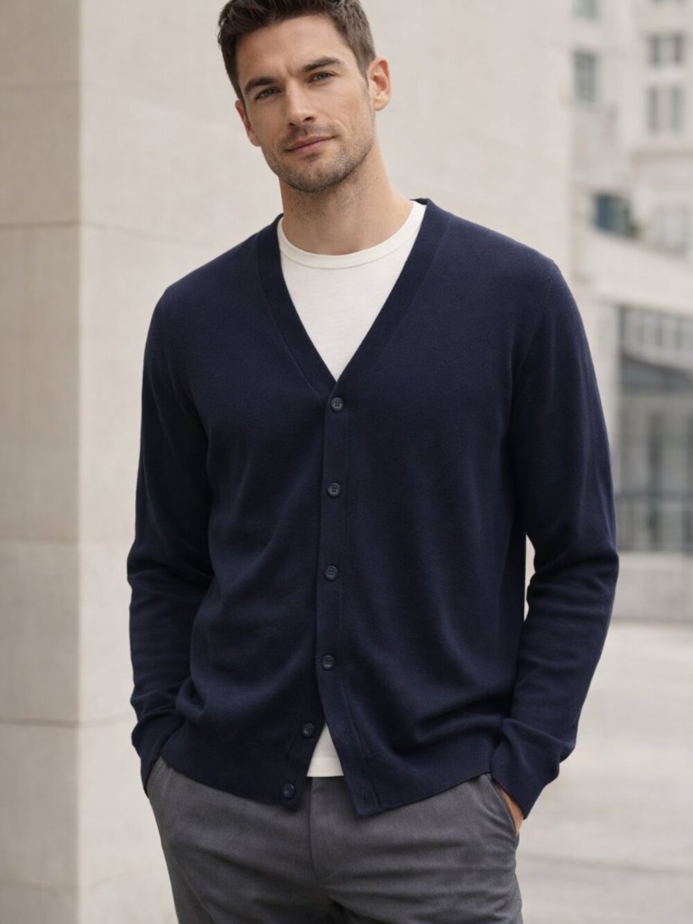Perry Ellis Men's Navy Blue V neck Long Sleeve Button Up  Cardigan Sweater XL